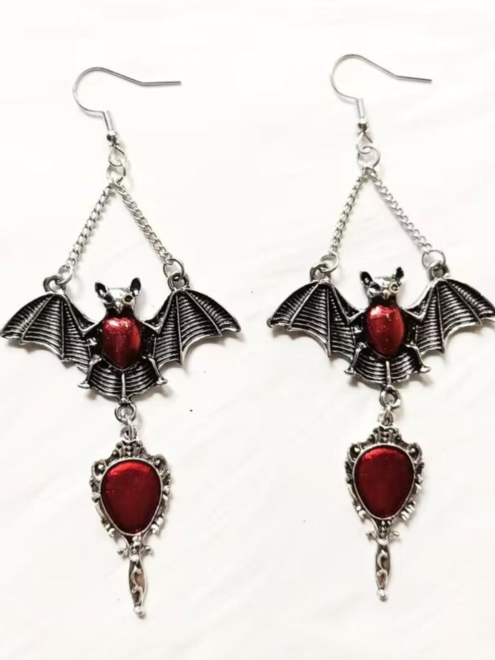 Unique Halloween Bat and Red Stone Gothic Earrings Spooky and Scary